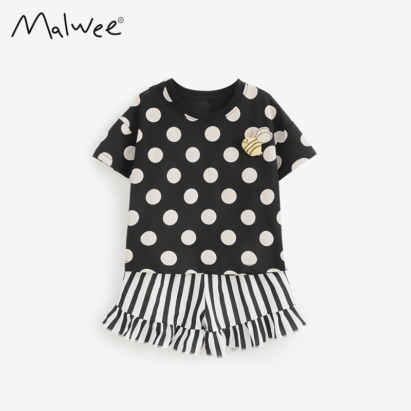 Malwee transfronterizo nuevo conjunto de niñas de cuello redondo, manga corta, niños pequeños y medianos, Europa y América, encantadores juegos de dos piezas de verano con impresión de puntos
