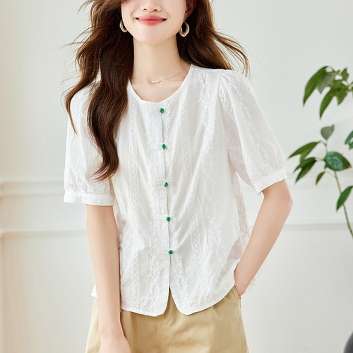 Cotton Cocoon Short Sleeve Jade Button Embroidered Women's Summer Thin Commuting Unique Niche Small Women's Top