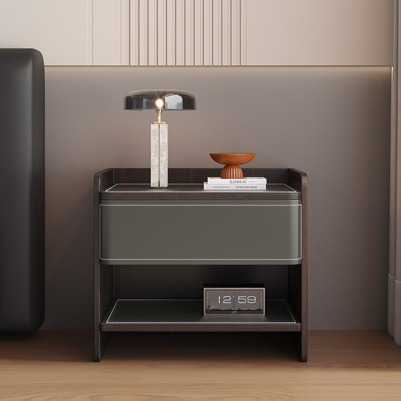 Mesita de noche de hotel de madera maciza simple B&B sillín de cuero gabinete de almacenamiento para dormitorio mesita de noche de hotel de lujo ligero de madera maciza sin pintura