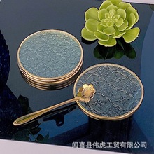 北欧咖啡圆杯垫ins风茶杯垫隔热垫杯托金边复古轻奢海棠花玻璃垫