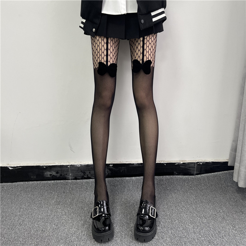 New Hot Girl Sexy Spliced ​​Black Silk Fake Suspender Stockings Women's Thin Fishnet Stockings Long Tube Bottoming Pantyhose Sexy