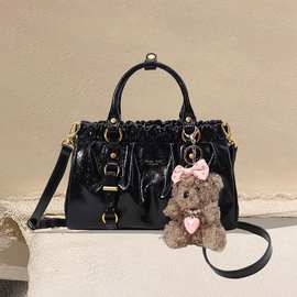 原创南风格包黑皮大小姐托特包复古褶皱手提包包女通勤单肩斜挎包