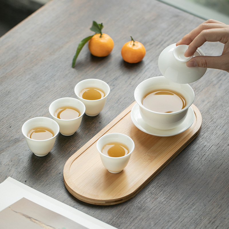 Mutton fat jade travel tea set white porcelain gold covered bowl…
