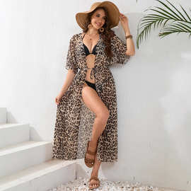 欧美Beach smock dress短袖豹纹印花度假宽松长裙 比基尼防晒开衫