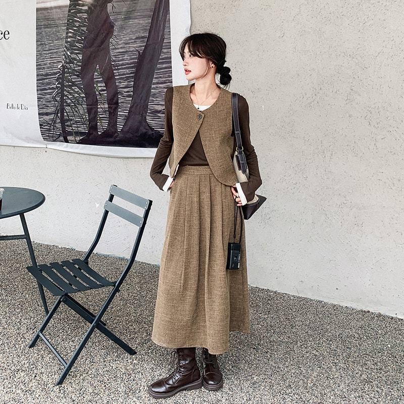 美拉德复古英伦风套装女2025秋新款时尚简约马甲高腰半身裙两件套