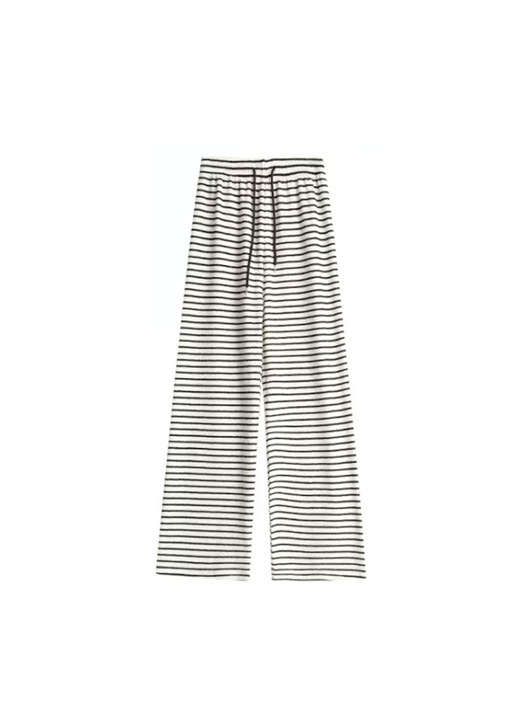 Pantalones de rayas en blanco y negro para mujer, cintura alta, pantalones casuales sueltos y perezosos, pantalones de toalla delgados, pantalones anchos pequeños