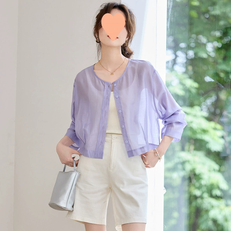 Лёгкий солнцезащитный кардиган для женщин, маленькая шаль, топ 2025, новая летняя рубашка из лиоцелла, круглый вырез, короткая куртка