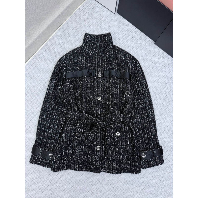Tweed Style Black Tweed Stand-Up Collar Jacket for Women Mid-Length Silk Belt Waist Ladylike Jacket Autumn and Winter New Style