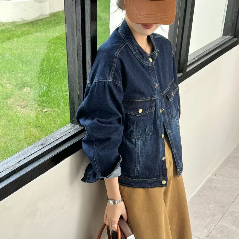 Denim Jacket Spring and Autumn New Korean Style Casual Loose Top Women's Design Stand Collar Pocket Jacket 3037