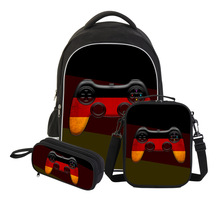 跨境双层大容量学生背包餐包笔袋 德国个性国旗游戏机书包三件套