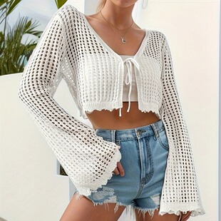 New European and American Summer New V-neck Lace-up Beach Women's Solid Color Sexy Knitted Hollow Beach Outer Sun Protection