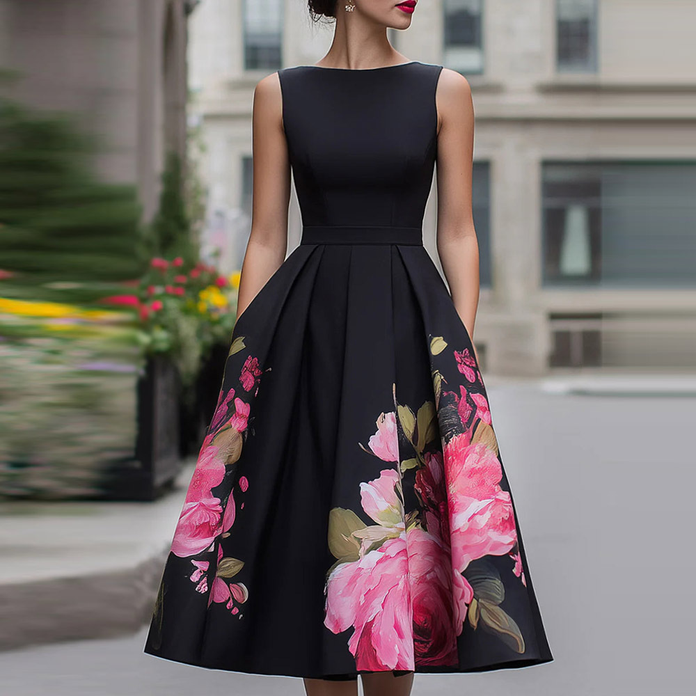 European and American Cross-Border 2026 Spring/Summer Amazon Independent Site Hot-Selling New Sleeveless Floral Waist-Cinching Pleated Dress for Women