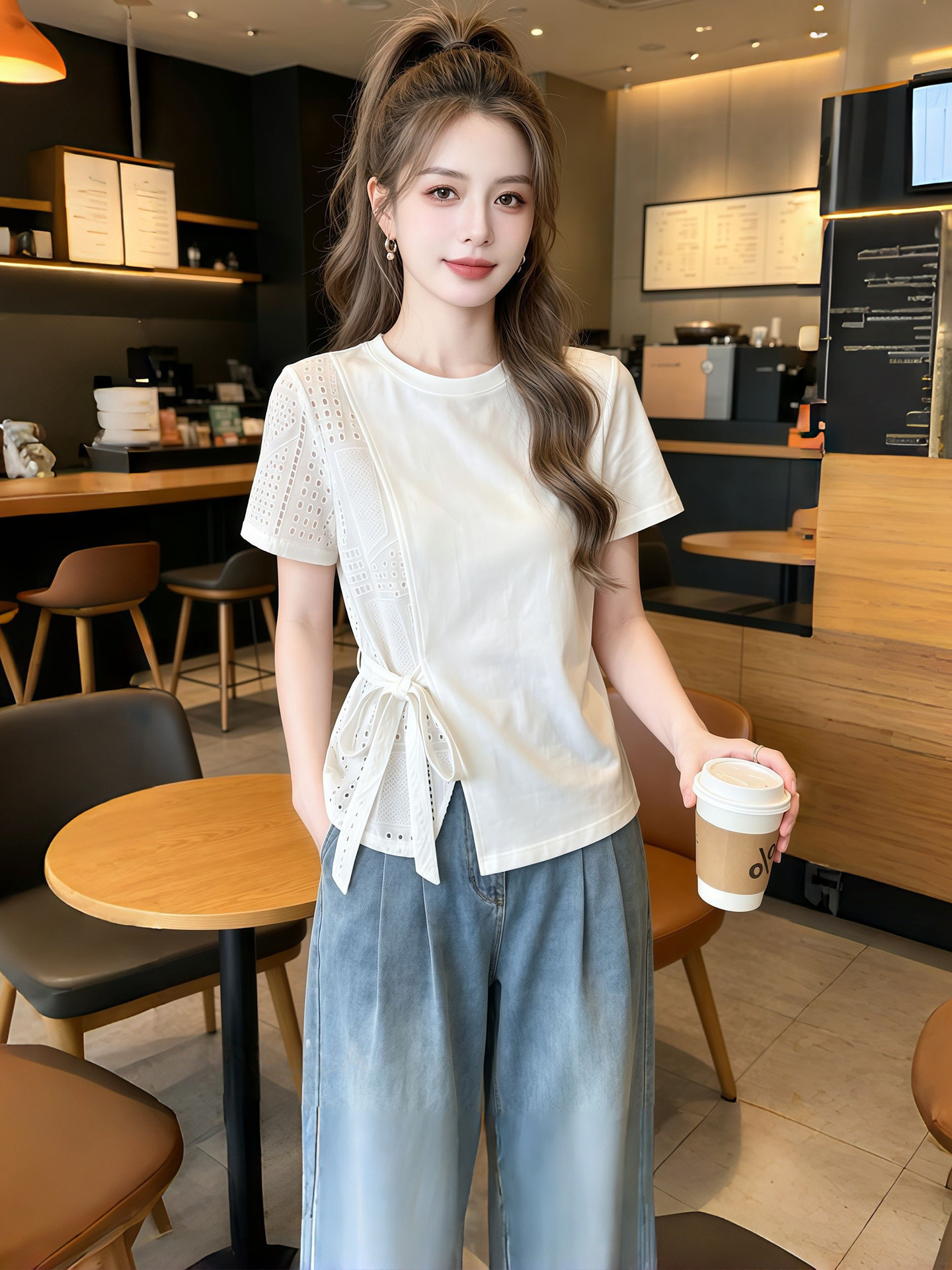 Áo thun nữ tay ngắn thiết kế không đối xứng chạm rỗng, dáng suông thoải mái — màu trắng