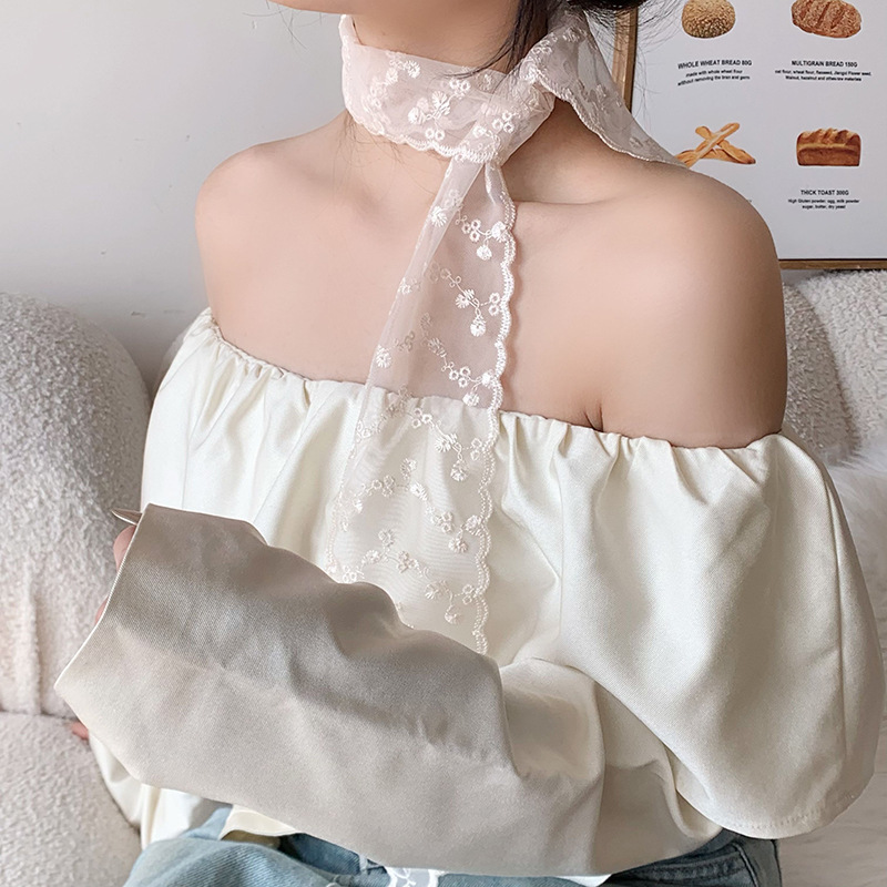 Buñuelo de seda larga larga alta sensación de encaje hottie fugas bufandas de hombro bufandas de collar bufandas de cabello bandana bufandas de encaje cintura