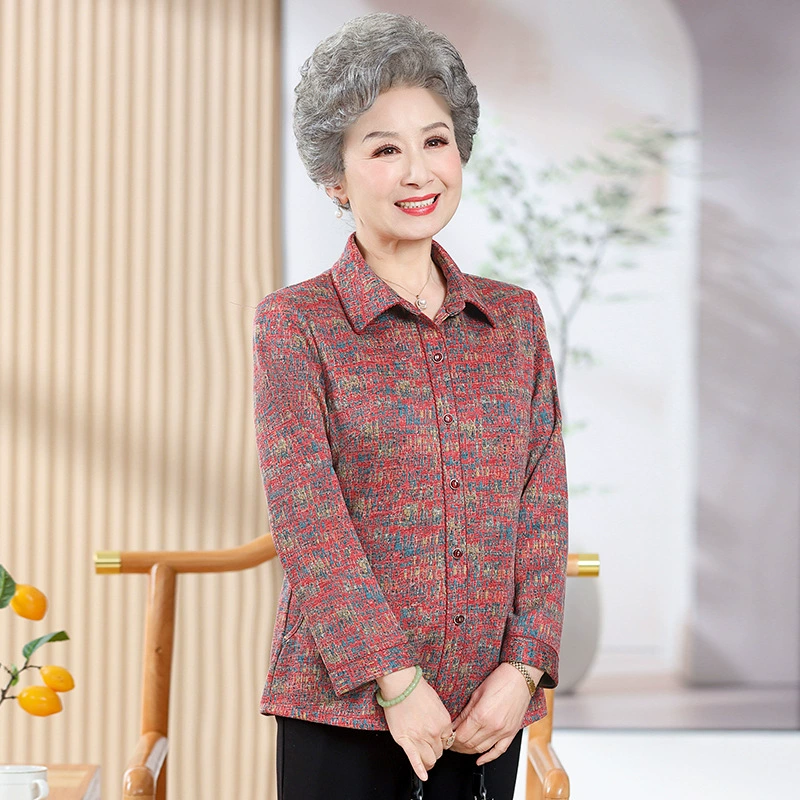 Пожилая мама весенняя рубашка топ 2025 новый бабушкиная весенняя куртка с длинными рукавами тонкая старушка одежда