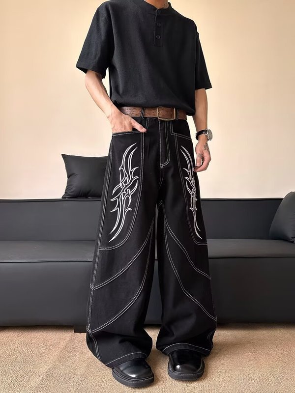 小众解构刺绣牛仔裤男春秋vibe风美式街头宽松休闲痞帅直筒阔腿裤|undefined