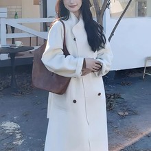 气质漂亮韩剧女主宽松小个子学院风白色长款毛呢大衣外套女冬