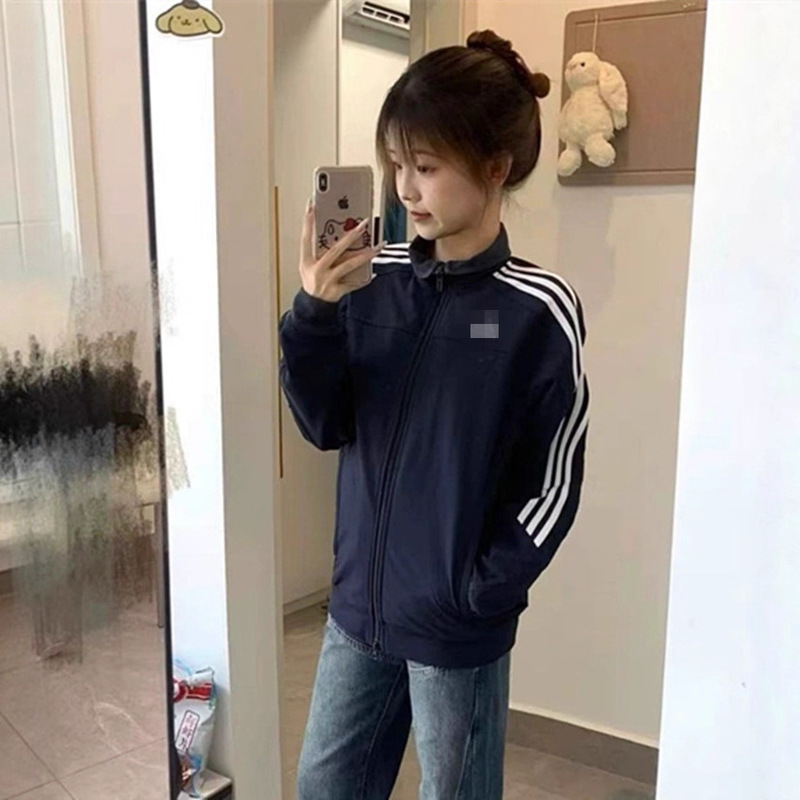 QQ糖同款外套刺绣宽松拉链休闲运动三条杠夹克外套风衣9952|undefined