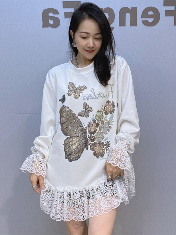 Algodón espacial de mujeres transfronterizas suelta gran camiseta de mangas largas de encaje de primavera y otoño de taladro caliente de cuello redondo camiseta
