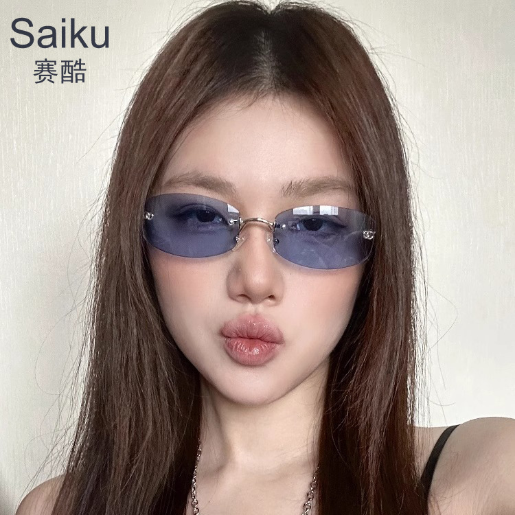 2025新款Jennie同款蓝色无框太阳镜女中古墨镜欧美辣妹风方形小脸|undefined