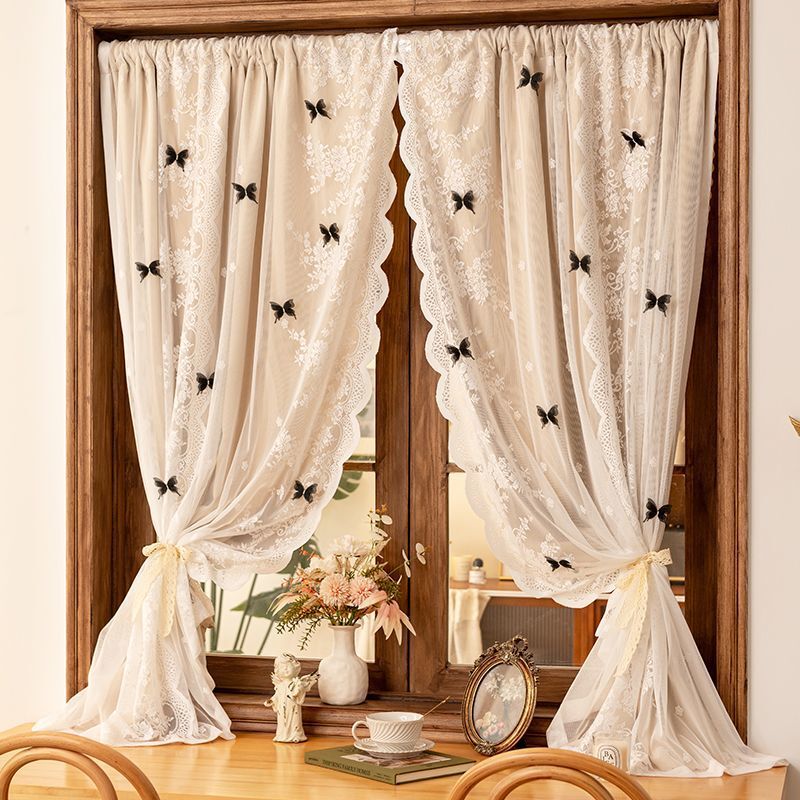French-Style Cream-Colored No-Drill Installation Curtains, Full Blackout Dopamine Lace Double-Layer Bedroom Bay Window Magic Tape