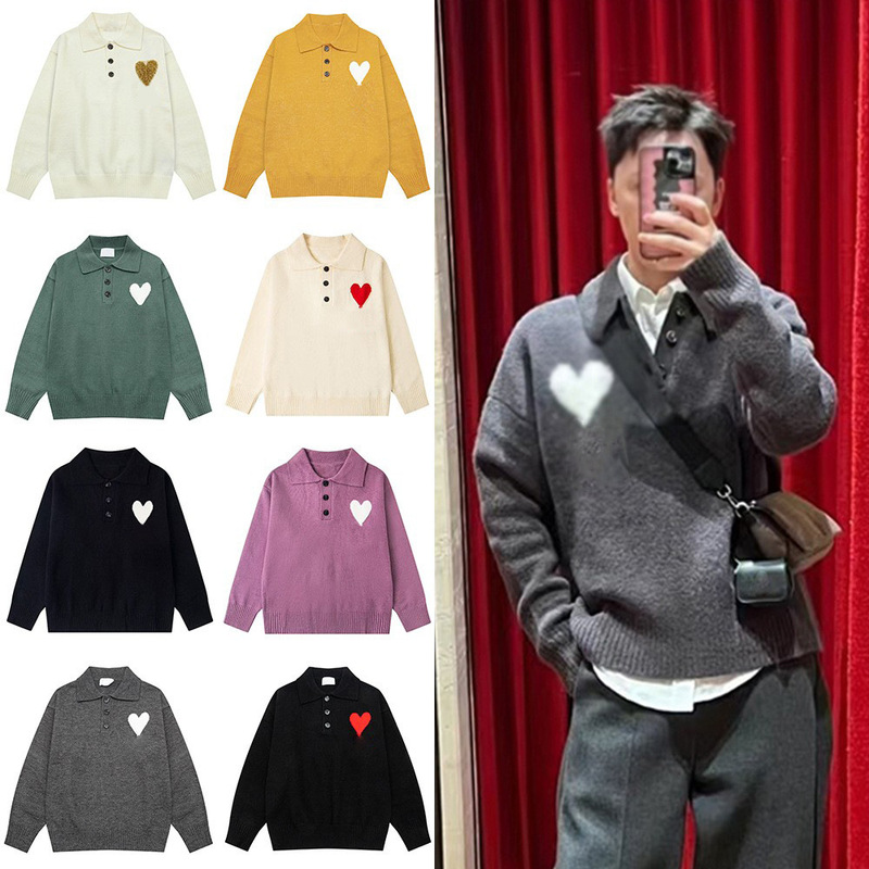 Ami Clams Sweater Big Love Jacquard Lapel Polo Shirt Knitted Sweater Loose Soft Waxy Long Sleeve Same Style for Men and Women