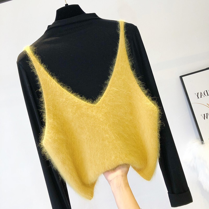 Knitted Camisole with Faux Mink Fur, Warm Spring and Autumn Sleeveless Vest for Women, V-Neck Short Top, Outer Knitwear