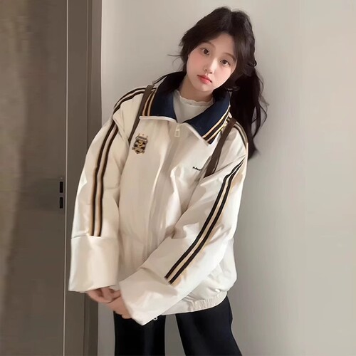 Women's winter loose and thick striped turtleneck down cotton coat, bread coat cotton garment, Korean style outerwear, trendy