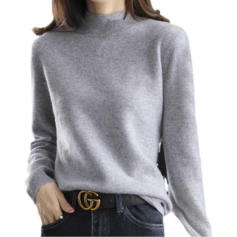 Suéter de punto nuevo con cuello medio alto para mujer, jersey corto de otoño e invierno, suéter holgado de color sólido, camisa de capa base, venta al por mayor de una sola pieza.