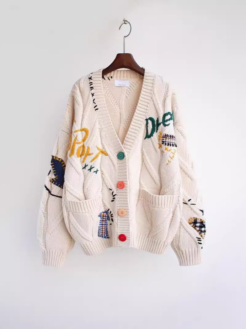 Moda estilo perezoso bordado suéter mujer otoño e invierno 2025 nuevo diseño de letras sentido suéter suelto chaqueta marea