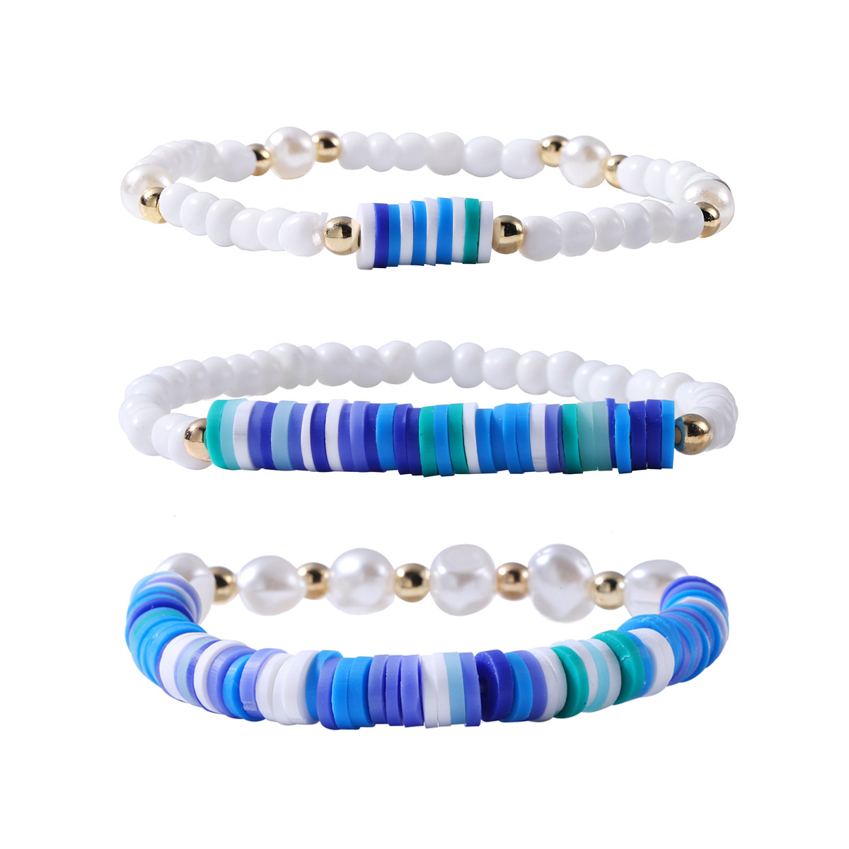 summer gradient color soft ceramic multi-layered pearl elastic beaded bracelet set