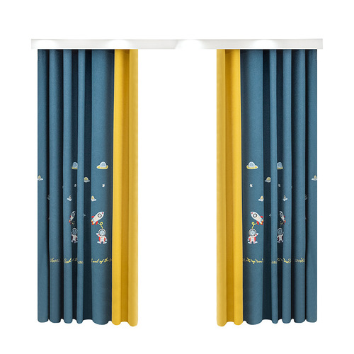 New children's room curtains with environmental protection, light-blocking, cotton-linen, cartoon-style, cute and playful, stereoscopic embroidered, floor-standing light-blocking curtains