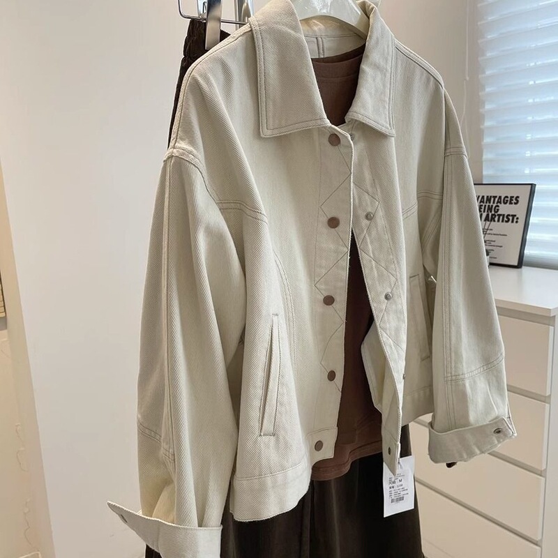 Korean-Style Beige Denim Jacket! Spring and Autumn Topstitch Design Versatile Slimming Loose Casual Short Jacket for Women