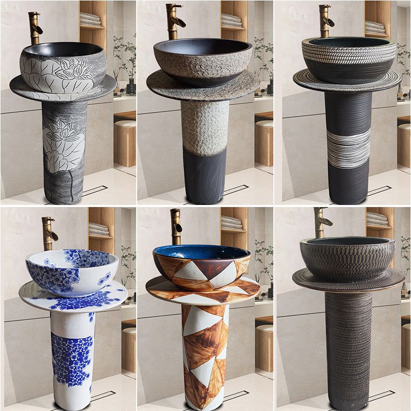 Ceramic Column Retro Blue and White Art Washbasin Outdoor Courtyard Floor-Standing Washbasin Washbasin Integrated
