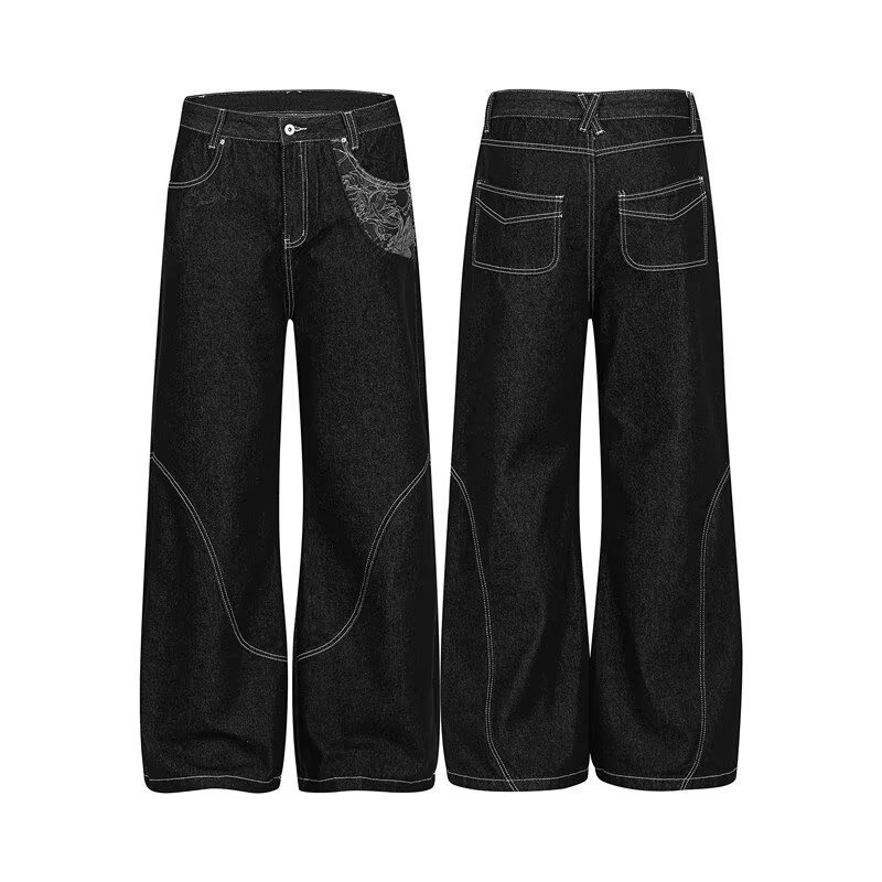Cross-Border American-Style Deconstructed Raw Denim A-Line Patchwork Scimitar Jeans for Men and Women, Loose Baggy Wide-Leg Straight Pants