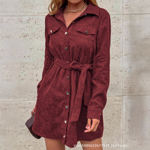 【可定加工】亚马逊2025秋冬新款跨境欧美女装灯芯绒休闲连衣裙