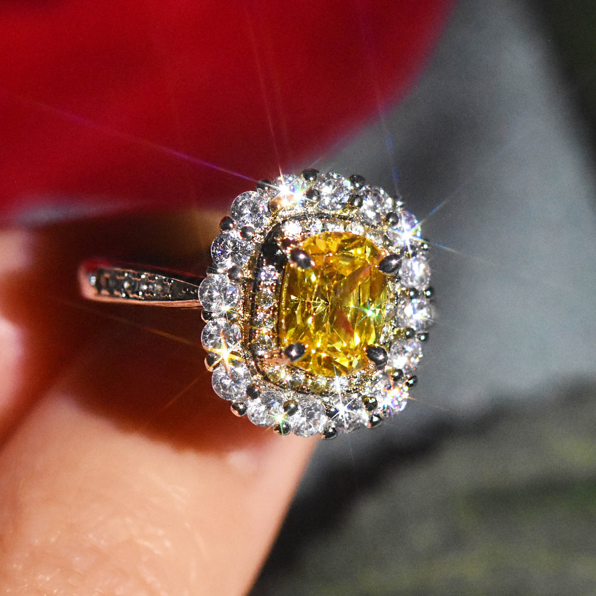 New Luxury Citrine Copper Diamond Double Layer Micro-set Open Female Ring display picture 1