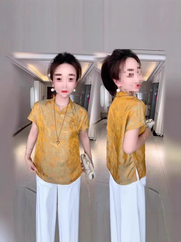 新しい中国風の女性用シャツ、夏の新しいスタイル、ジャカードボタン半袖トップス、多用途のルーズな外国貿易シャツ|undefined