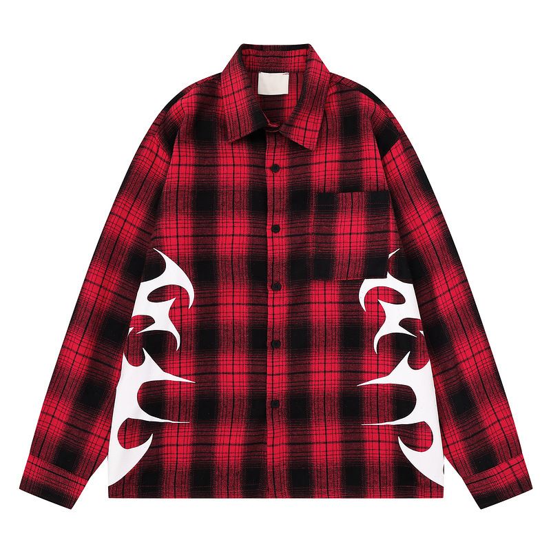 Men's red and black gradient plaid long-sleeve shirt, featuring an American street style, flame pocket design, and a loose, casual, punk-inspired fit