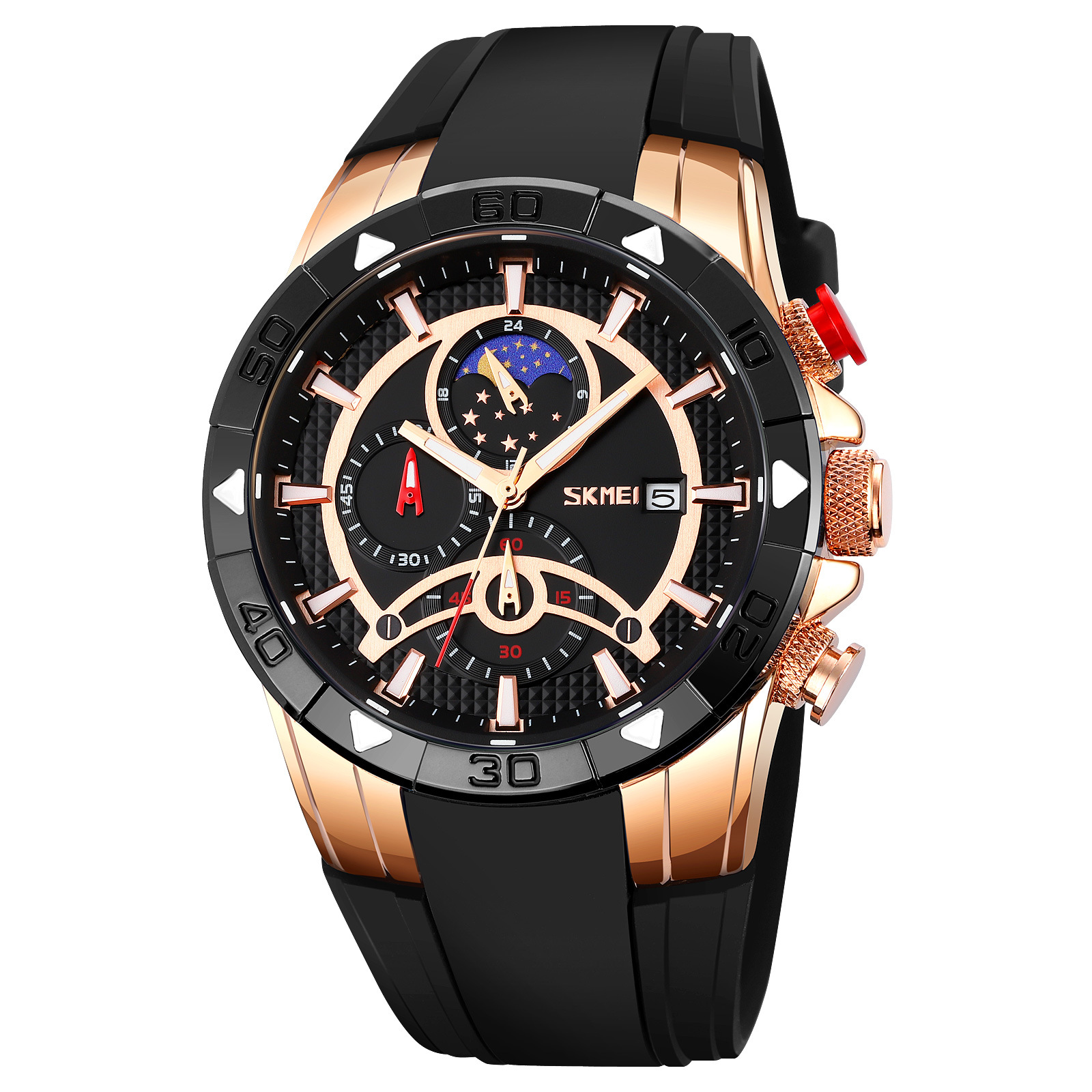 Momentos de belleza para hombres cronógrafo multifuncional de cuarzo muestra fase lunar reloj de pulsera impermeable correa de silicona reloj de deportes transfronterizos para hombres