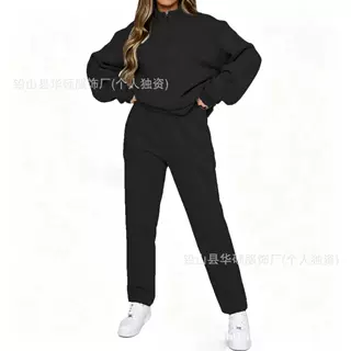 新品2026欧美女装新款亚马逊百搭休闲时尚加绒长袖卫衣裤两件套装