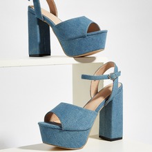 外贸一字带牛仔面鱼嘴超高跟性感凉鞋防水台高跟鞋特价清仓