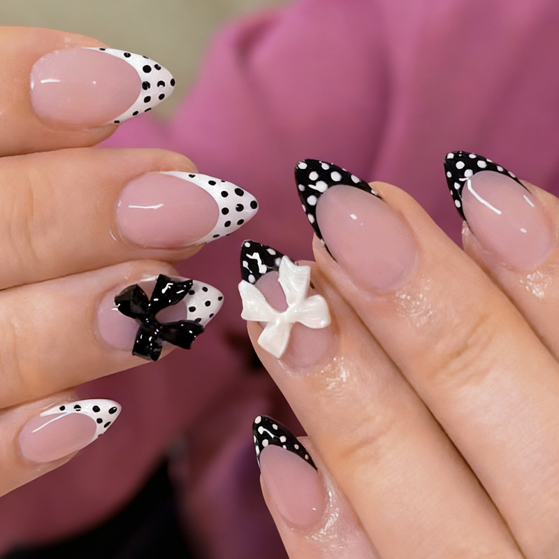 Wearable Nails 2026 Cross-Border Hot-Selling Black and White Polka Dot 3D Bowknot Nail Art High-End Fake Nail Tips Wearable Nails 2026 Cross-Border Hot-Selling Black and White Polka Dot 3D Bowknot Nail Art High-End Fake Nail Tips