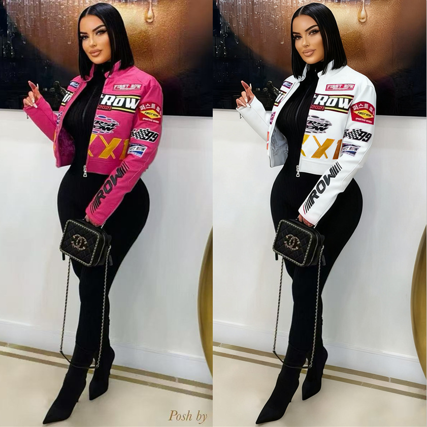 Ys8011 European and American Women's Clothing 2025 Sexy Racing Motorcycle Pu Leather Printed Fashion Single Jacket