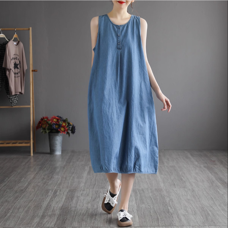 Non-Real Shot Photos. Artistic Style Solid Color Sleeveless Denim Dress for Women, Summer Thin Style, Plus Size, Elegant Mid-Length Dress