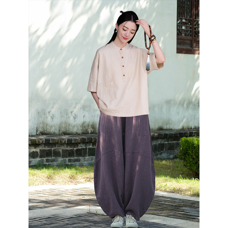 女性用在家服、中国風婦人服、綿麻ボタン付きトップス、禅服、中国風仏教禅無地スーツ|undefined