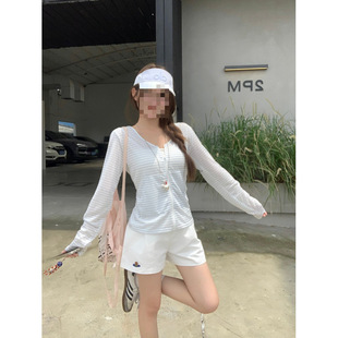 Ys8 Real Shot Striped Zipper Hooded Top 2025 Casual Thin Sun Protection Shirt Summer Embroidered High Waist Versatile Hot Pants