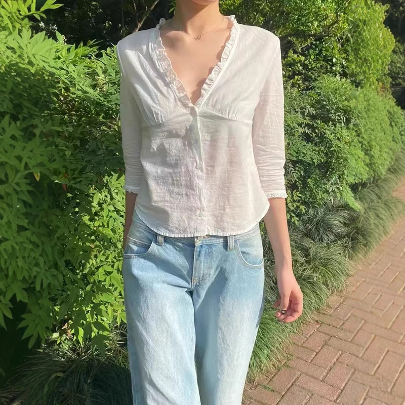 Bm Style New White Ruffled V Neck Buttoned Waist Short-Sleeved Shirt Three-Quarter Sleeve Shirt Beautiful Slim Fit Top