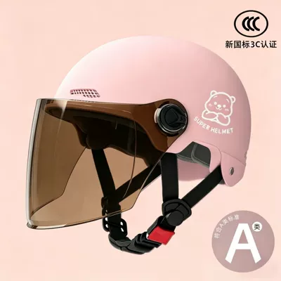 Premium Bear 3C Certified Electric Motorcycle Helmet for Men and Women, Suitable for All Seasons, Adult Half Helmet (Motosiklet kaskı (dəbilqə)) - 02-pink-brown-long-mirror-silver-white-bear