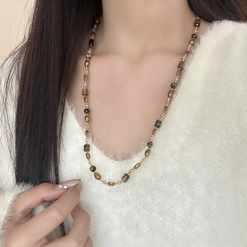 美拉德虎眼石项链女款秋冬长款叠戴高级感毛衣链棕色复古串珠配饰|undefined